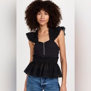 Sea NY Marley Pleated Sleeveless Top Blouse Smocked Eyelets Lace Ruffle XS